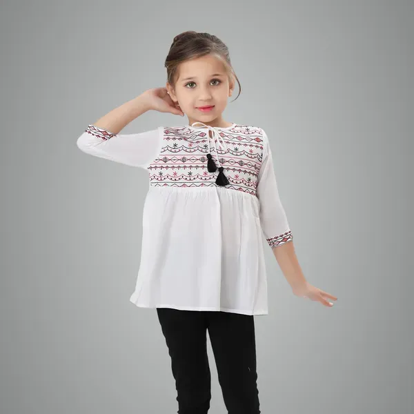 White_Rayon_Embroidered_Regular_Fit_Tie_Up_Neck_Casual_Top_For_Girls
