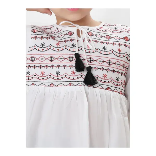 White_Rayon_Embroidered_Regular_Fit_Tie_Up_Neck_Casual_Top_For_Girls