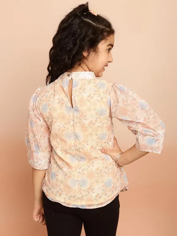 Purple_Puff_Sleeves_Floral_Printed_Regular_Fit_High_Neck_Pleated_Casual_Top