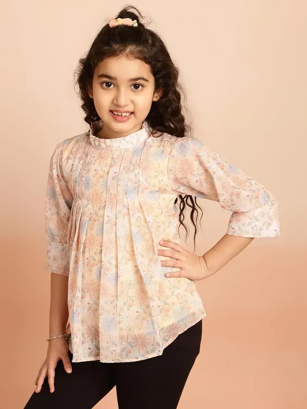Purple_Puff_Sleeves_Floral_Printed_Regular_Fit_High_Neck_Pleated_Casual_Top