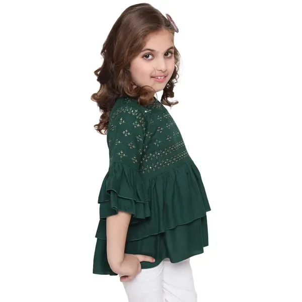 Green_Layered_Sleeves_Embroidered_Regular_Fit_Round_Neck_Casual_Top_For_Girls