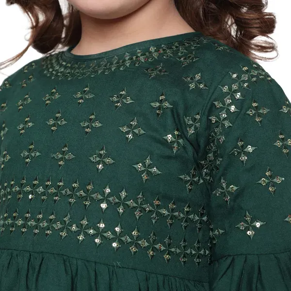 Green_Layered_Sleeves_Embroidered_Regular_Fit_Round_Neck_Casual_Top_For_Girls