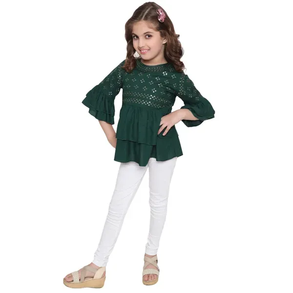 Green_Layered_Sleeves_Embroidered_Regular_Fit_Round_Neck_Casual_Top_For_Girls