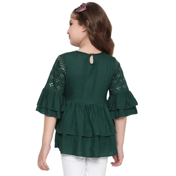 Green_Layered_Sleeves_Embroidered_Regular_Fit_Round_Neck_Casual_Top_For_Girls
