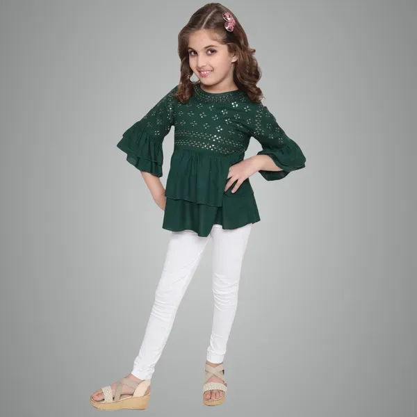 Green_Layered_Sleeves_Embroidered_Regular_Fit_Round_Neck_Casual_Top_For_Girls