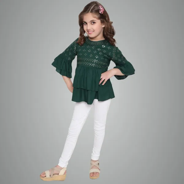 Green_Layered_Sleeves_Embroidered_Regular_Fit_Round_Neck_Casual_Top_For_Girls