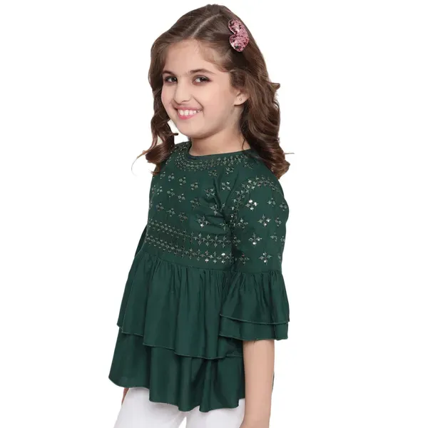 Green_Layered_Sleeves_Embroidered_Regular_Fit_Round_Neck_Casual_Top_For_Girls