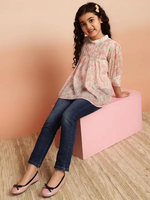 Peach_Puff_Sleeves_Floral_Printed_Regular_Fit_High_Neck_Pleated_Casual_Top_For_Girls