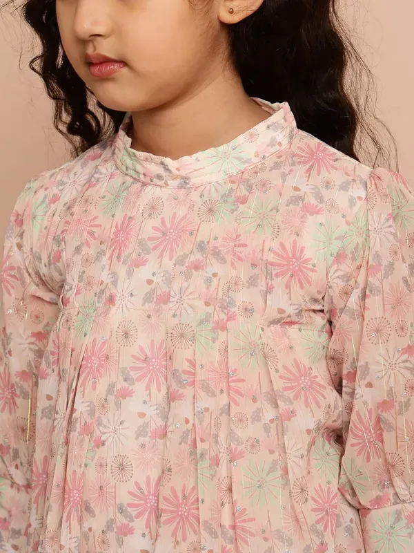 Peach_Puff_Sleeves_Floral_Printed_Regular_Fit_High_Neck_Pleated_Casual_Top_For_Girls