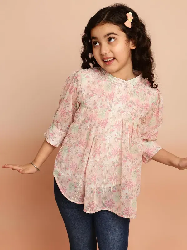 Peach_Puff_Sleeves_Floral_Printed_Regular_Fit_High_Neck_Pleated_Casual_Top_For_Girls