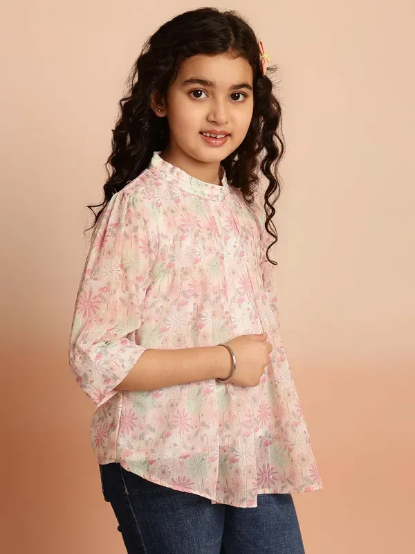 Peach_Puff_Sleeves_Floral_Printed_Regular_Fit_High_Neck_Pleated_Casual_Top_For_Girls