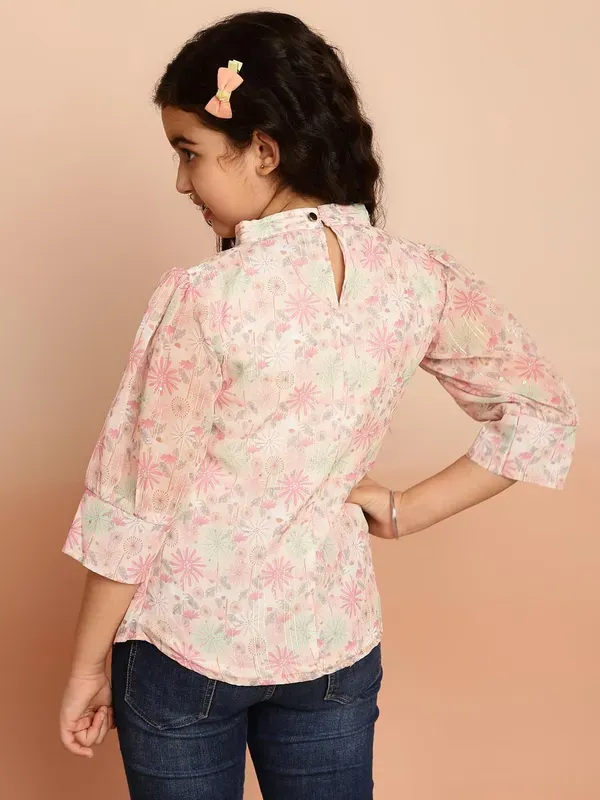 Peach_Puff_Sleeves_Floral_Printed_Regular_Fit_High_Neck_Pleated_Casual_Top_For_Girls