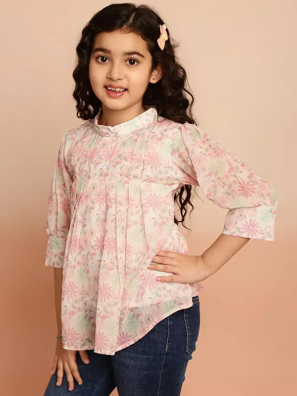 Peach_Puff_Sleeves_Floral_Printed_Regular_Fit_High_Neck_Pleated_Casual_Top_For_Girls