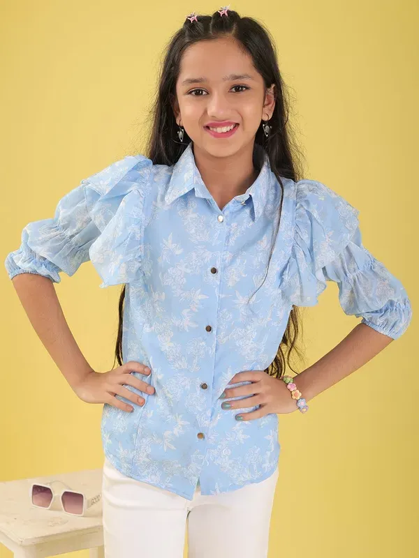 Blue_Georgette_All_Over_Floral_Print_Button_Down_Shirt_Frill_Sleeve_Casual