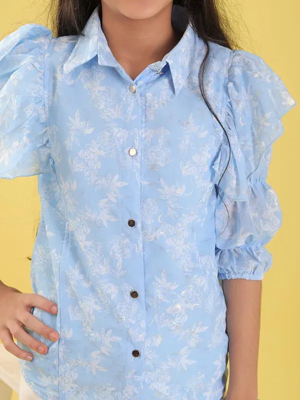 Blue_Georgette_All_Over_Floral_Print_Button_Down_Shirt_Frill_Sleeve_Casual