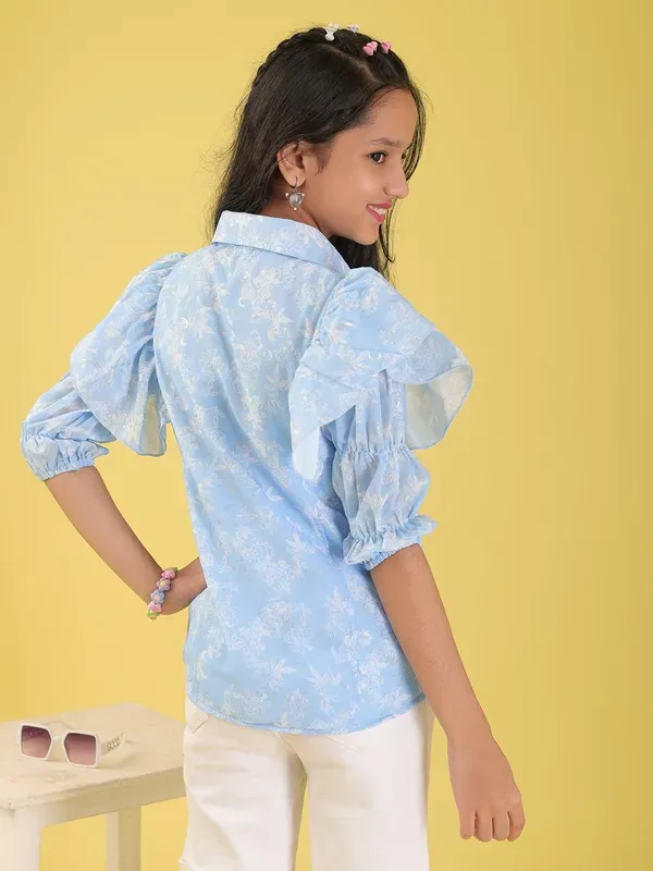 Blue_Georgette_All_Over_Floral_Print_Button_Down_Shirt_Frill_Sleeve_Casual