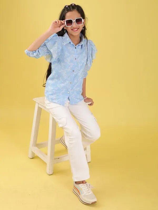 Blue_Georgette_All_Over_Floral_Print_Button_Down_Shirt_Frill_Sleeve_Casual