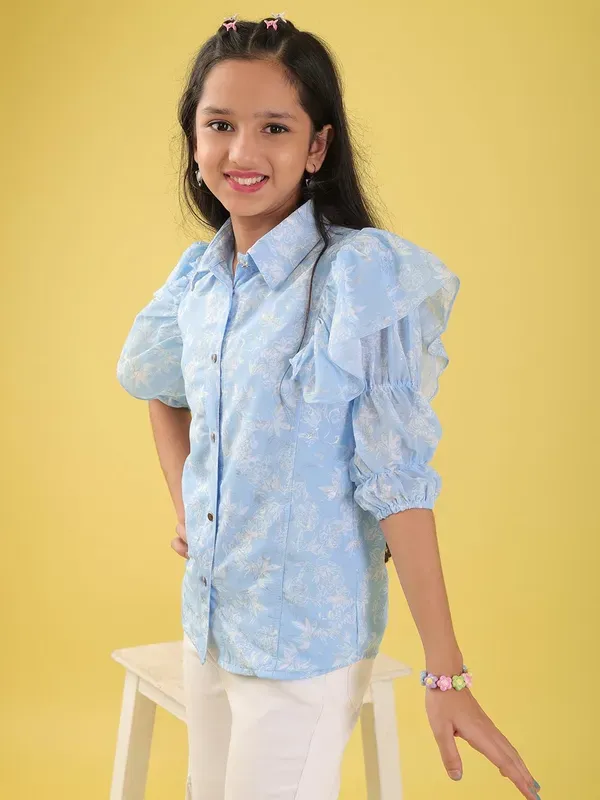 Blue_Georgette_All_Over_Floral_Print_Button_Down_Shirt_Frill_Sleeve_Casual