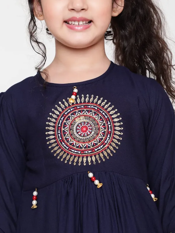 Blue_Rayon_Floral_Embroidery_Regular_Fit_Tie_Up_Neck_Casual_Top_For_Girls
