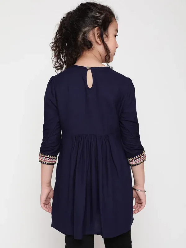 Blue_Rayon_Floral_Embroidery_Regular_Fit_Tie_Up_Neck_Casual_Top_For_Girls