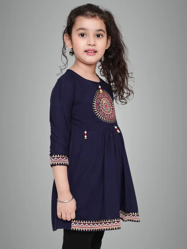 Blue_Rayon_Floral_Embroidery_Regular_Fit_Tie_Up_Neck_Casual_Top_For_Girls