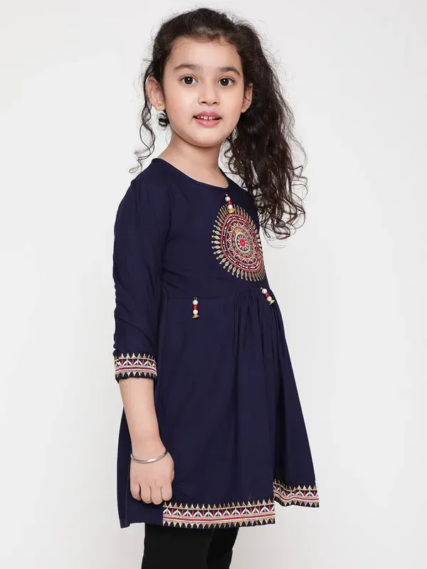 Blue_Rayon_Floral_Embroidery_Regular_Fit_Tie_Up_Neck_Casual_Top_For_Girls