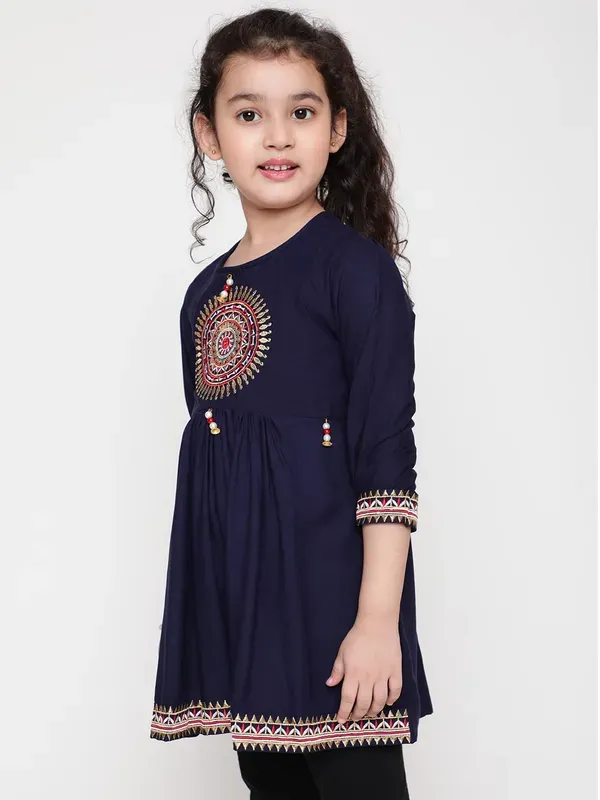 Blue_Rayon_Floral_Embroidery_Regular_Fit_Tie_Up_Neck_Casual_Top_For_Girls