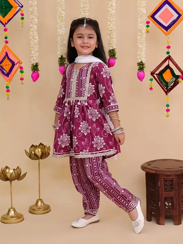 Purple_Cotton_Floral_Print_Kurta_With_Pant_And_Dupatta_Set_For_Girls