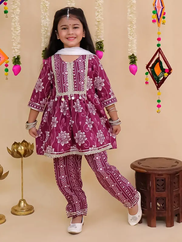 Purple_Cotton_Floral_Print_Kurta_With_Pant_And_Dupatta_Set_For_Girls