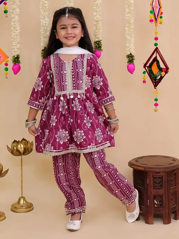 Purple_Cotton_Floral_Print_Kurta_With_Pant_And_Dupatta_Set_For_Girls