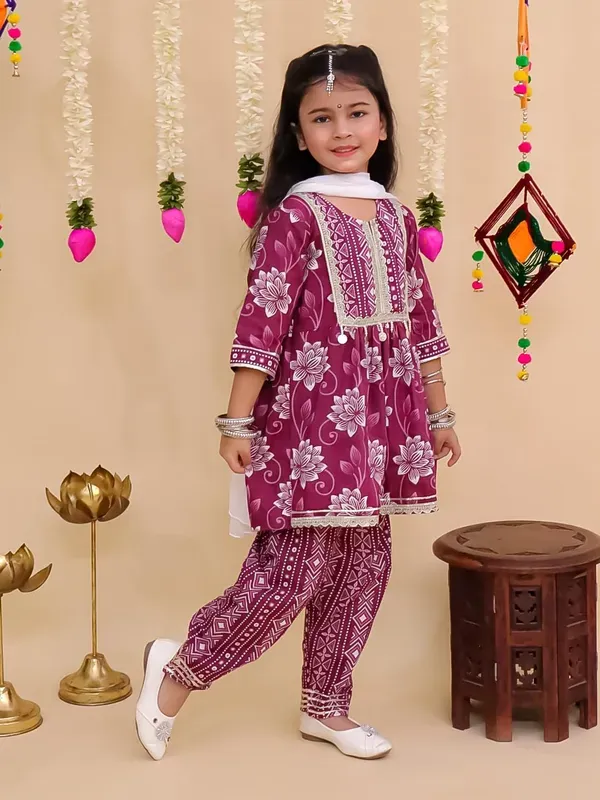 Purple_Cotton_Floral_Print_Kurta_With_Pant_And_Dupatta_Set_For_Girls