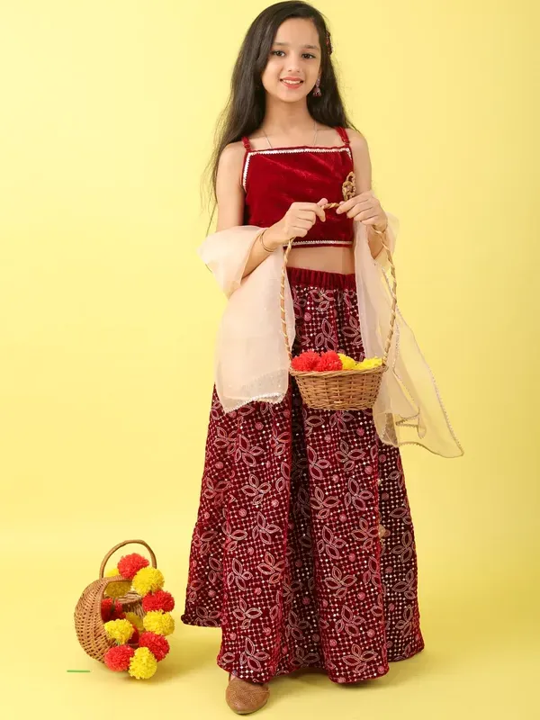 Maroon_Blue_Velvet_Embroidered_Top_With_Lehenga_And_Net_Dupatta_Set