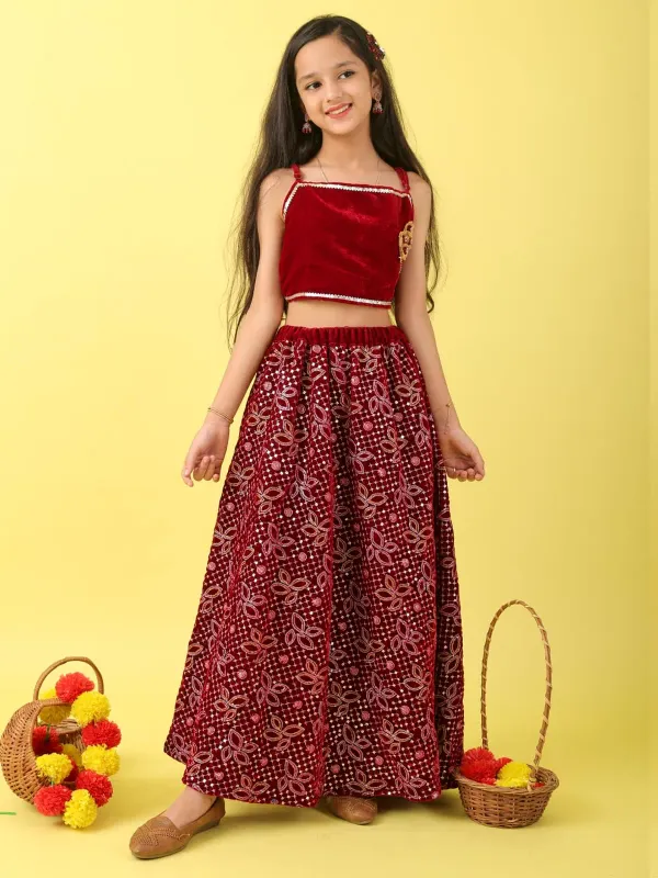 Maroon_Blue_Velvet_Embroidered_Top_With_Lehenga_And_Net_Dupatta_Set