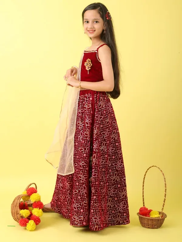 Maroon_Blue_Velvet_Embroidered_Top_With_Lehenga_And_Net_Dupatta_Set