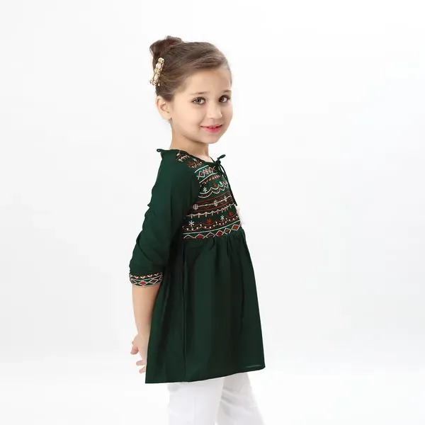 Green_Rayon_Embroidered_Regular_Fit_Tie_Up_Neck_Casual_Top_For_Girls