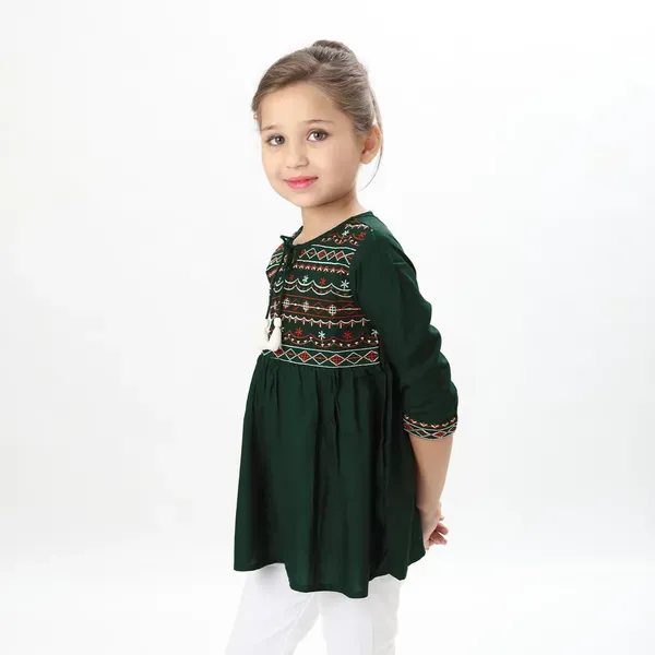 Green_Rayon_Embroidered_Regular_Fit_Tie_Up_Neck_Casual_Top_For_Girls
