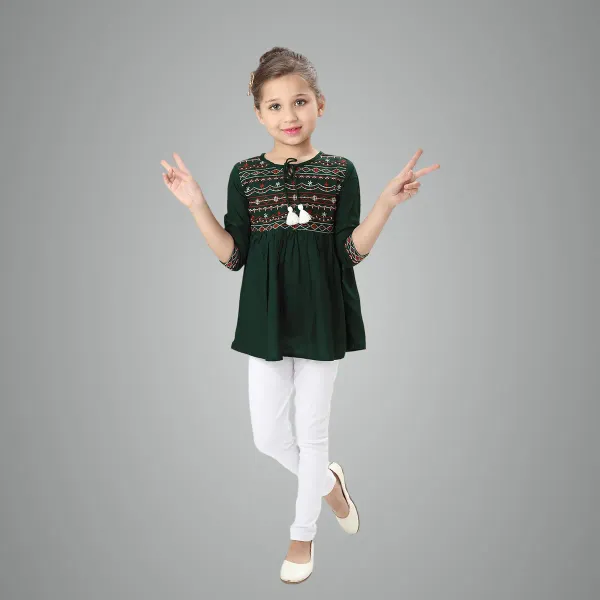 Green_Rayon_Embroidered_Regular_Fit_Tie_Up_Neck_Casual_Top_For_Girls