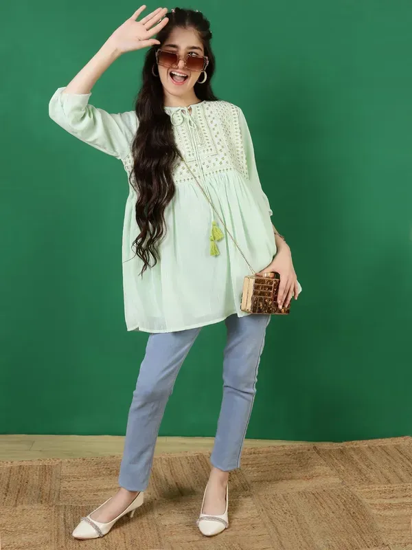 Pista_Georgette_Floral_Sequins_Embroidered_With_Neck_Tie_Up_Top_For_Girls