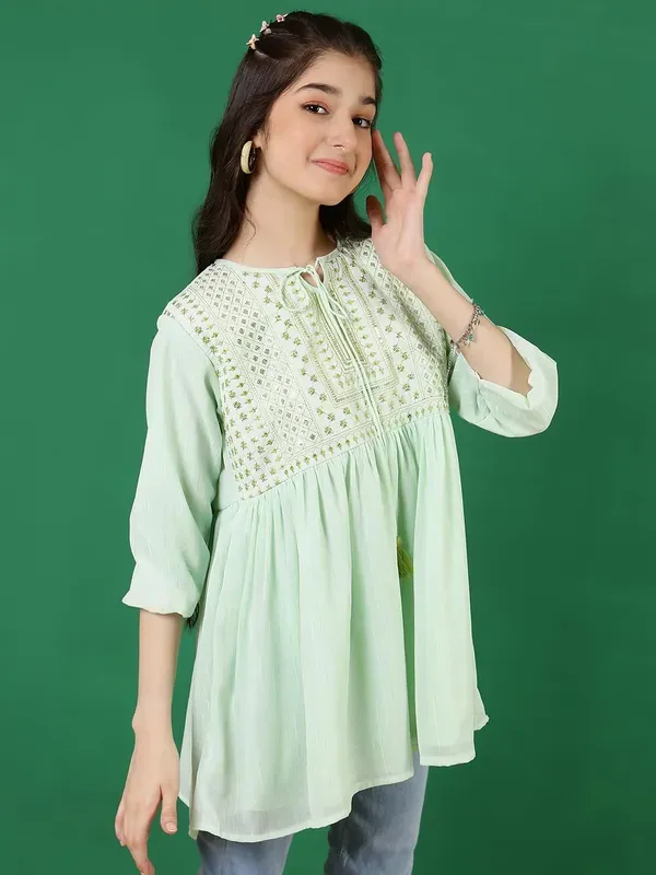 Pista_Georgette_Floral_Sequins_Embroidered_With_Neck_Tie_Up_Top_For_Girls