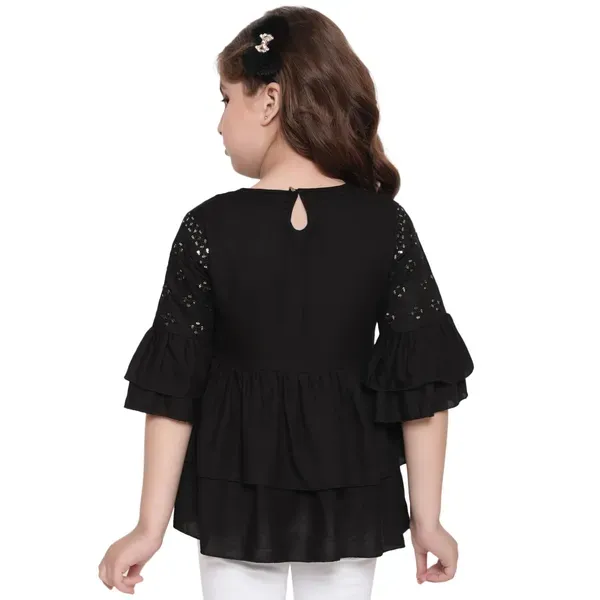 Black_Layered_Sleeves_Embroidered_Regular_Fit_Round_Neck_Casual_Top_For_Girls