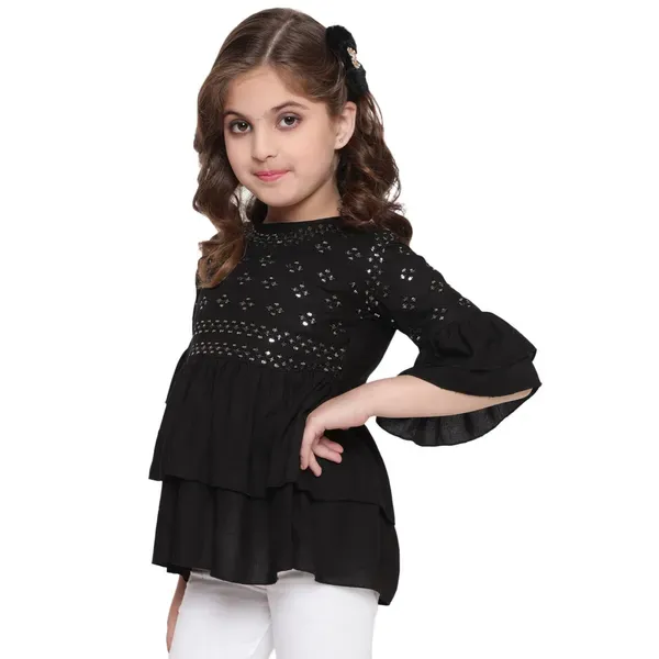 Black_Layered_Sleeves_Embroidered_Regular_Fit_Round_Neck_Casual_Top_For_Girls