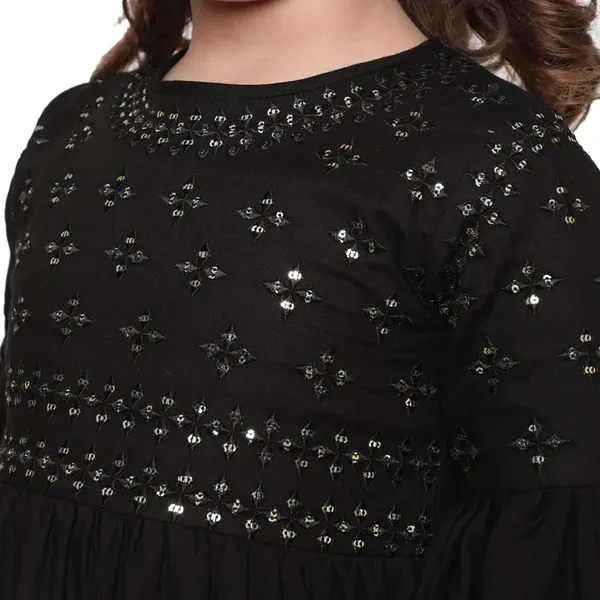 Black_Layered_Sleeves_Embroidered_Regular_Fit_Round_Neck_Casual_Top_For_Girls