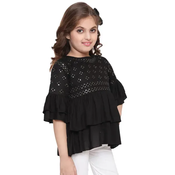 Black_Layered_Sleeves_Embroidered_Regular_Fit_Round_Neck_Casual_Top_For_Girls
