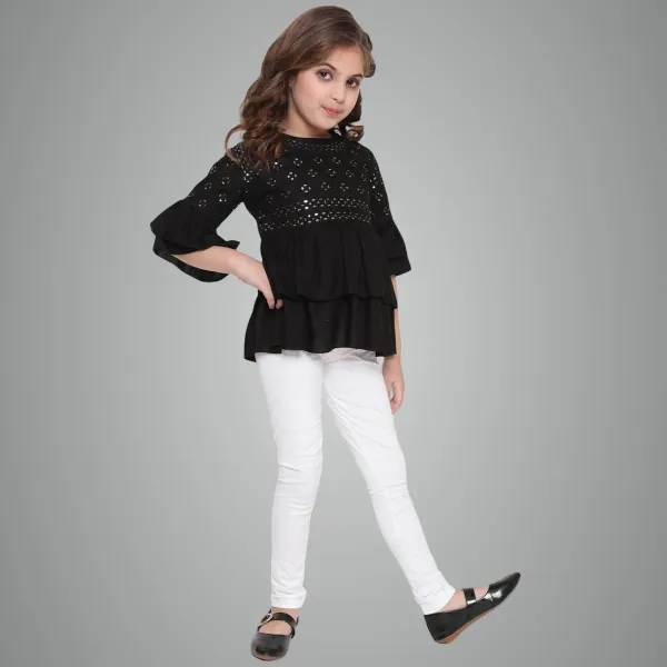 Black_Layered_Sleeves_Embroidered_Regular_Fit_Round_Neck_Casual_Top_For_Girls