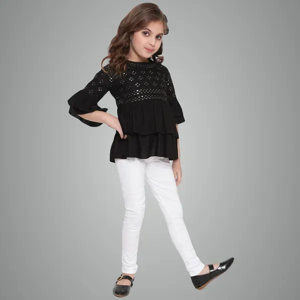 Black_Layered_Sleeves_Embroidered_Regular_Fit_Round_Neck_Casual_Top_For_Girls