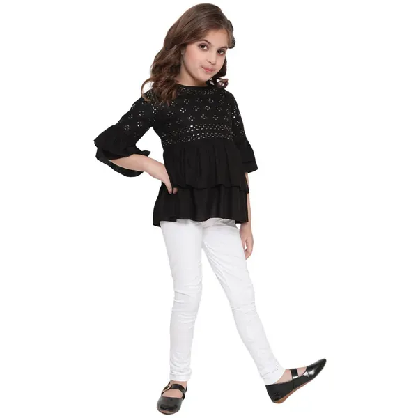 Black_Layered_Sleeves_Embroidered_Regular_Fit_Round_Neck_Casual_Top_For_Girls