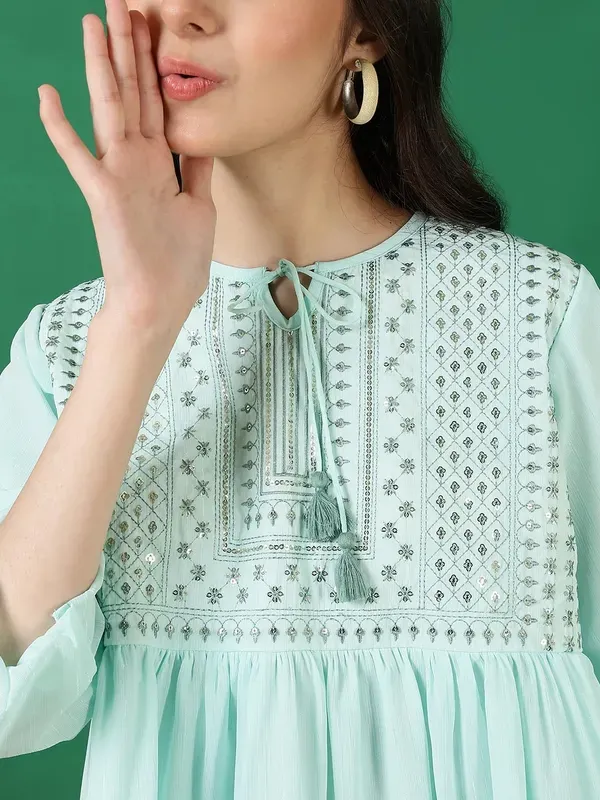 Light_Green_Georgette_Floral_Sequins_Embroidered_With_Neck_Tie_Up_Top_For_Girls