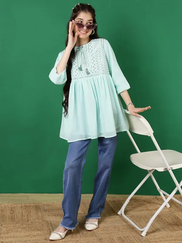 Light_Green_Georgette_Floral_Sequins_Embroidered_With_Neck_Tie_Up_Top_For_Girls