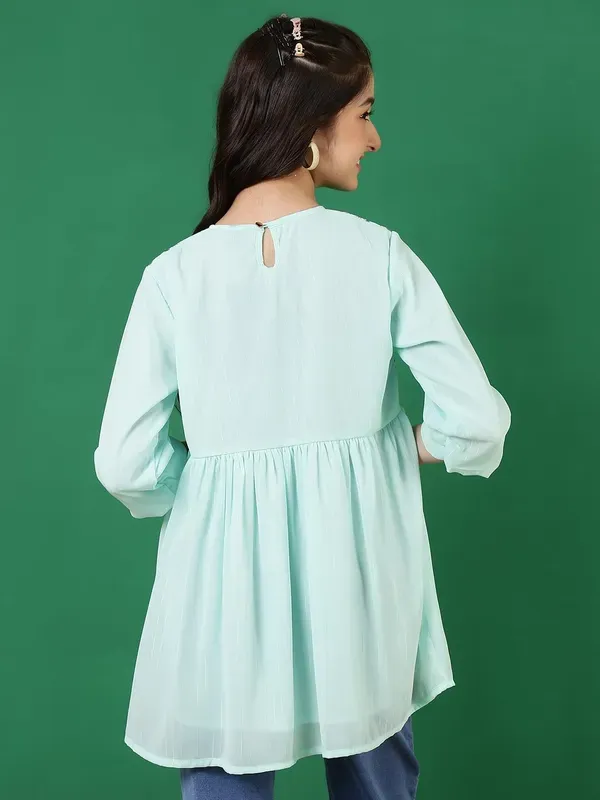 Light_Green_Georgette_Floral_Sequins_Embroidered_With_Neck_Tie_Up_Top_For_Girls
