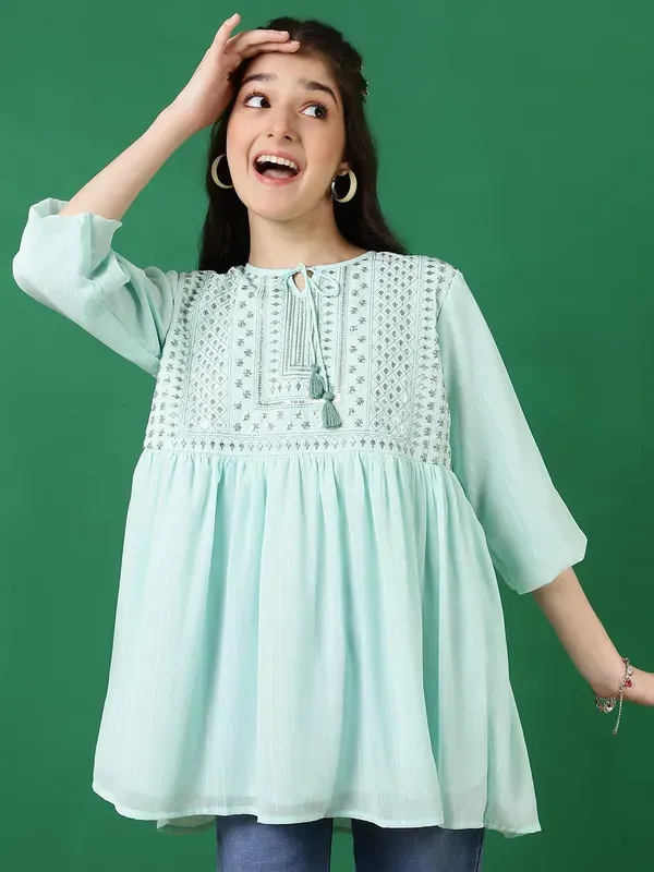 Light_Green_Georgette_Floral_Sequins_Embroidered_With_Neck_Tie_Up_Top_For_Girls